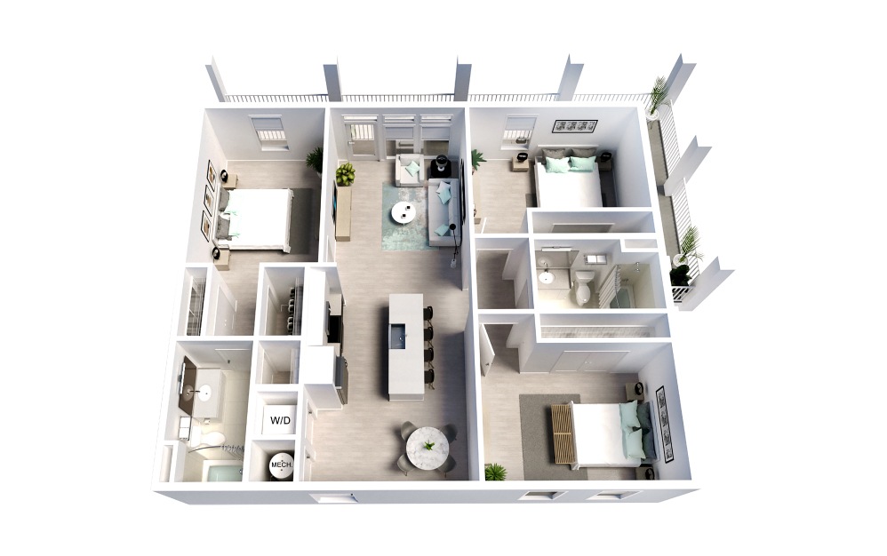 Continental - 3 bedroom floorplan layout with 2 baths and 1319 square feet.